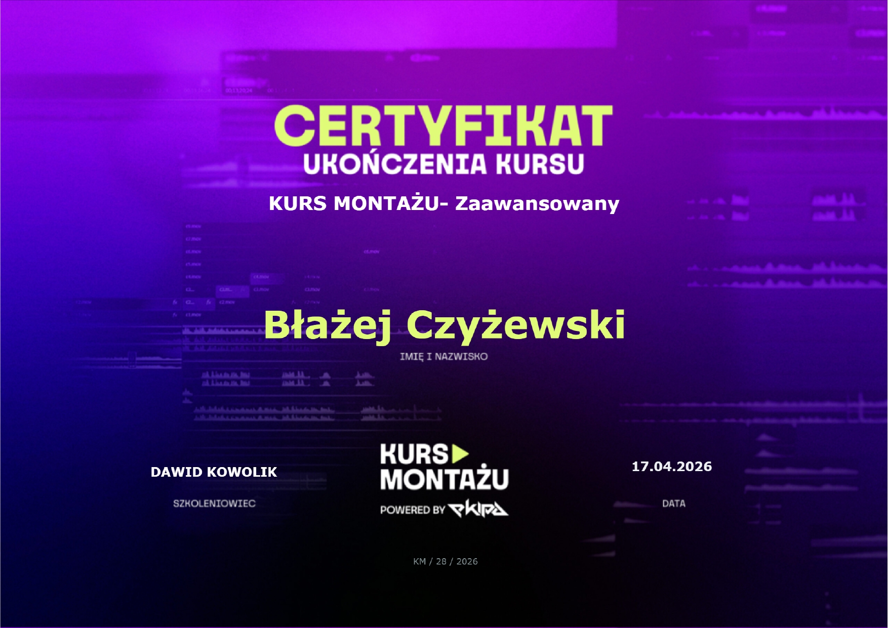 Certyfikat ukończenia kursu montażu